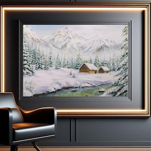 LANDSCAPE Printed Poster - Snowy Mountain in Winter Premium, Watercolor Style Poster, Wall Art, Illustration Chalets/Stream/Fir Trees/Snow