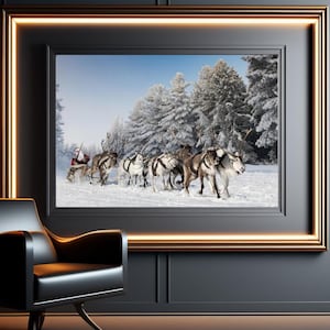 Cartel impreso NAVIDAD, Ilustración de Papá Noel, Trineo y sus renos, Cartel de invierno, Impresión nieve, Decoración navideña de fin de año