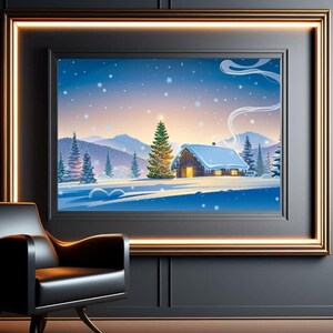 Póster Premium NAVIDAD, Fiestas de Fin de Año, Invierno, Paisaje Nevado, Montaña, Chalet, Árbol de Navidad, Decoración Navideña, 4 Formatos