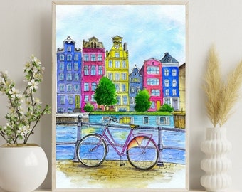 AMSTERDAM Print Poster - Premium Netherlands, Travel Print, Wall Art, Colorful Illustration, Bike Poster, Home/Office Decoration