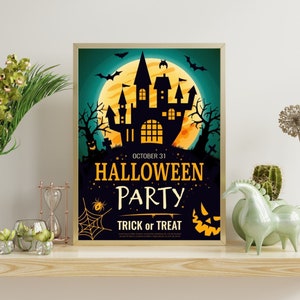 Póster Premium HALLOWEEN PARTY - Castillo Encantado, Póster Gótico, Paisaje Nocturno, Arte de Pared, Luna Llena, Decoración de Halloween