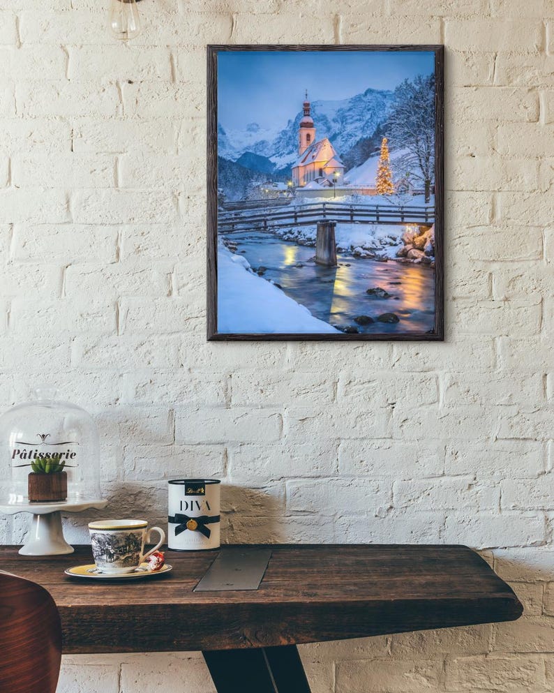 Landscape Print Poster - Premium Snowy Village and Mountain, Wall Art ...