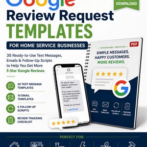 Può includere: Un volantino di prodotto digitale per modelli di richiesta recensioni Google per aziende di servizi a domicilio. Presenta uno smartphone che mostra un messaggio di testo di richiesta recensione, un documento PDF rilegato a spirale e icone per tetti, HVAC, idraulici, elettricisti, paesaggisti e appaltatori.