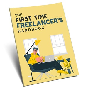 以下が含まれることがあります： 「The First Time Freelancer's Handbook」というタイトルのイラスト入りのガイド。表紙には、椅子に座ってラップトップで作業をしている人の漫画イラストが描かれている。