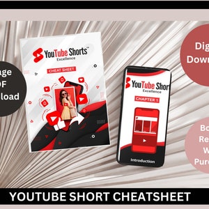 May include: A digital download of a 5-page PDF cheat sheet for YouTube Shorts, with a bonus report included. The cover features a red and black design with a woman in a red dress and sunglasses. The text "YouTube Shorts Excellence" is in white on a red background.
