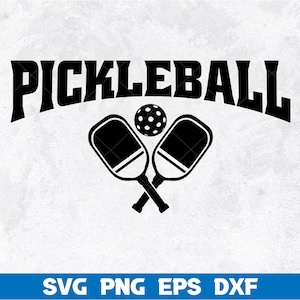 May include: Black and white graphic design of two crossed pickleball paddles and a pickleball. The text "PICKLEBALL" is above the paddles.