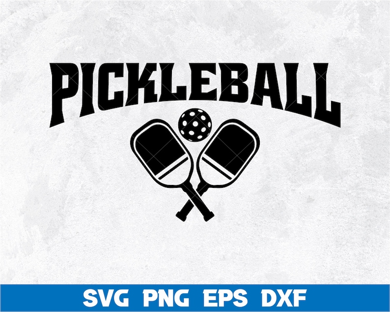 May include: Black and white graphic design of two crossed pickleball paddles and a pickleball. The text "PICKLEBALL" is above the paddles.