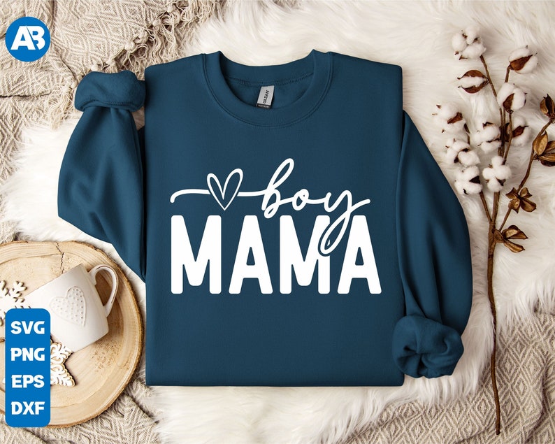 May include: A dark blue sweatshirt with the text "boy mama" in white lettering with a small heart above the word "boy".