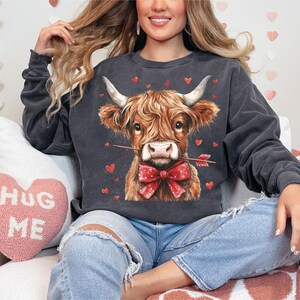 Pu&ograve; includere: Una felpa grigia scura con una simpatica illustrazione di una mucca Highland marrone e bianca che indossa un papillon rosso. La mucca tiene una freccia rossa in bocca. La felpa &egrave; circondata da piccoli cuori rossi.