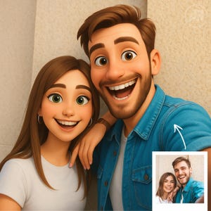 May include: A digital illustration of a smiling couple. The woman has long brown hair and green eyes, wearing a white t-shirt. The man has brown hair and a beard, wearing a blue denim shirt. A smaller photo of the couple is in the bottom right corner.
