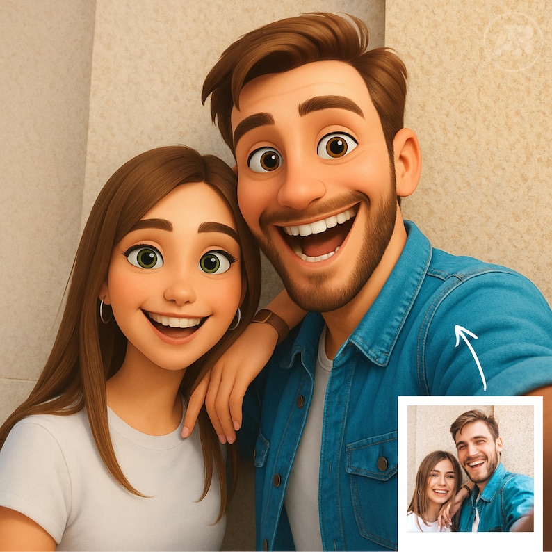 May include: A digital illustration of a smiling couple. The woman has long brown hair and green eyes, wearing a white t-shirt. The man has brown hair and a beard, wearing a blue denim shirt. A smaller photo of the couple is in the bottom right corner.