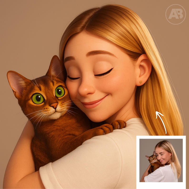 May include: A digital illustration of a person with long blonde hair embracing a brown cat with green eyes. The person is wearing a white shirt and has a gentle expression. A smaller image is in the bottom right corner.