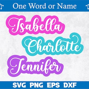 May include: Three colorful, cursive name designs. The names are Isabella, Charlotte, and Jennifer. The names are in white text on a pink, blue, and purple background.