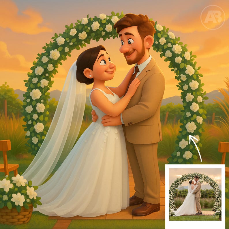 May include: A digital illustration of a wedding scene. A couple is embracing under a floral arch. The bride wears a white wedding dress and veil. The groom is in a tan suit. The background features a sunset and greenery.