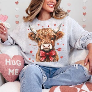 Pu&ograve; includere: Una felpa grigia con una mucca Highland marrone e bianca che indossa un papillon rosso e tiene una freccia in bocca. La mucca &egrave; circondata da cuori rossi. Il testo "Hug Me" &egrave; su un cuscino a forma di cuore rosa.