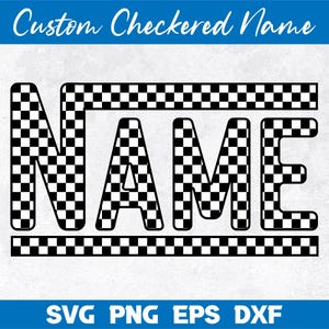 May include: A black and white checkered design with the word "NAME" in the center. The checkered design is a pattern of squares, and the word "NAME" is in all caps. The design is surrounded by a black and white checkered border.