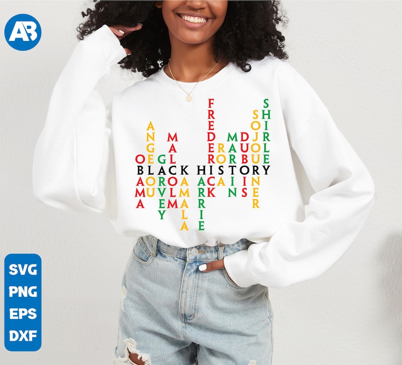May include: White sweatshirt with a black and green word puzzle design that reads "BLACK HISTORY" with the letters forming a pyramid shape.