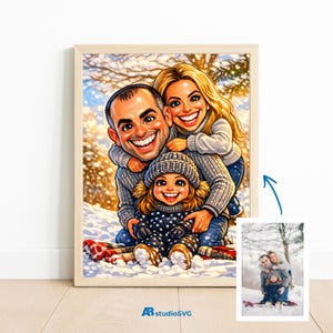 May include: A framed cartoon portrait of a family of three in a snowy winter scene. The family is smiling and wearing winter clothing. The portrait is in a light wood frame. A smaller photo of the family is in the bottom right corner.