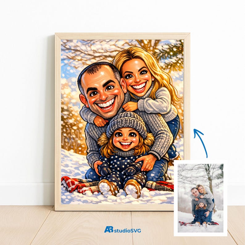 May include: A framed cartoon portrait of a family of three in a snowy winter scene. The family is smiling and wearing winter clothing. The portrait is in a light wood frame. A smaller photo of the family is in the bottom right corner.