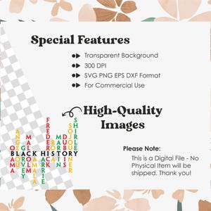 May include: A digital download of a graphic design featuring the words "Black History" in a colourful word search puzzle. The design includes a transparent background, 300 DPI resolution, and is available in SVG, PNG, EPS, and DXF formats. It is for commercial use.