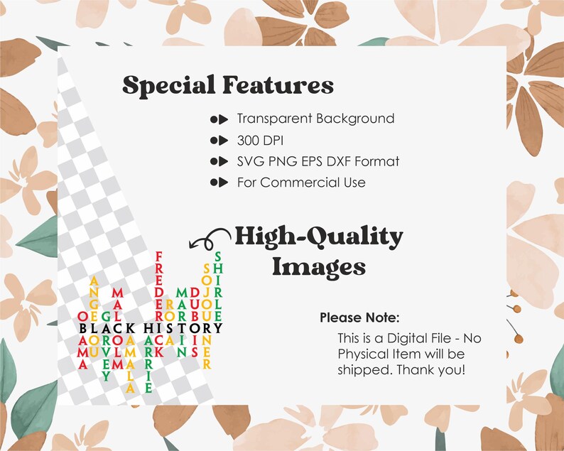 May include: A digital download of a graphic design featuring the words "Black History" in a colourful word search puzzle. The design includes a transparent background, 300 DPI resolution, and is available in SVG, PNG, EPS, and DXF formats. It is for commercial use.