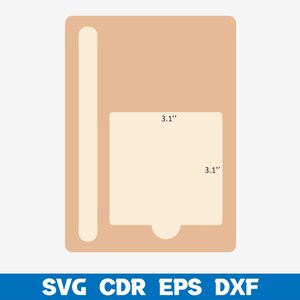May include: A light brown template for a card with a 3.1 inch by 3.1 inch square cut out in the center. The template has a vertical slot on the left side.