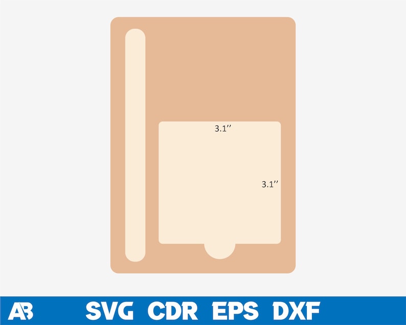 May include: A light brown template for a card with a 3.1 inch by 3.1 inch square cut out in the center. The template has a vertical slot on the left side.