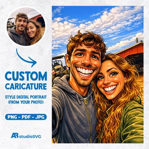 May include: A digital illustration of a smiling couple taking a selfie against a blue sky with clouds. The image includes the text "CUSTOM CARICATURE" and file type options. A smaller inset image shows the couple in a similar setting.