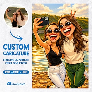 May include: Digital caricature of two women taking a selfie, with sunglasses and big smiles. The image includes the text "CUSTOM CARICATURE STYLE DIGITAL PORTRAIT (FROM YOUR PHOTO) PNG - PDF - JPG" and the studioSVG logo.