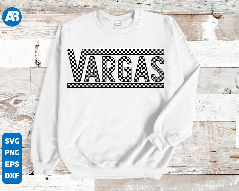 May include: White sweatshirt with a black and white checkered design that says "VARGAS" in black letters.