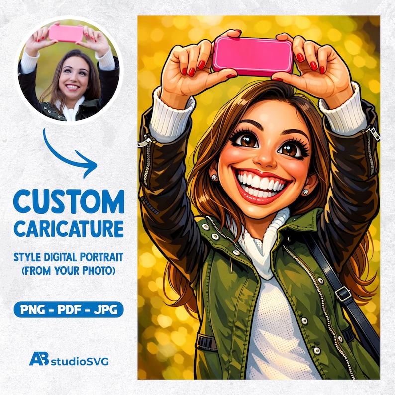 May include: A digital illustration of a woman taking a selfie with a pink phone. She is wearing a green jacket, white sweater, and has brown hair. The image includes the text "CUSTOM CARICATURE" and "STYLE DIGITAL PORTRAIT (FROM YOUR PHOTO)".