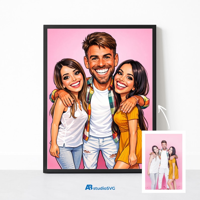 May include: A framed cartoon portrait of three people smiling and embracing, set against a pink background. The artwork features a man in a plaid shirt and two women in a white top and yellow dress. The frame is black, and a smaller image is in the corner.