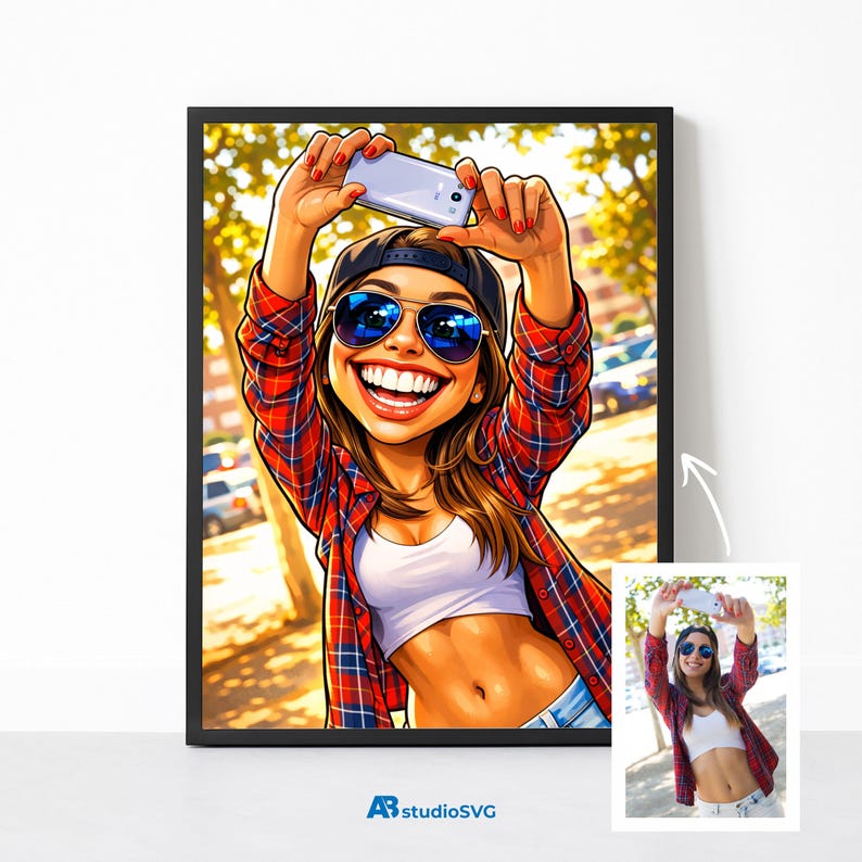 May include: A framed cartoon illustration of a person taking a selfie. The person is wearing a red and black plaid shirt, sunglasses, and a black cap. The person is smiling and holding a smartphone. The background is a blurred outdoor scene.