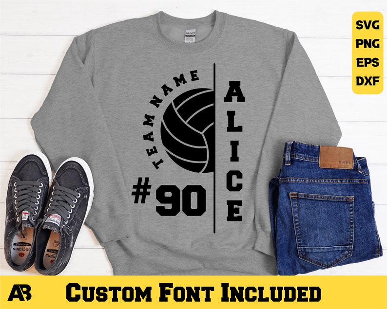 May include: Gray sweatshirt with black text that reads "Team Name #90 Alice" and a black volleyball graphic.