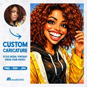 May include: A digital illustration of a smiling person with curly brown hair, wearing a black hoodie under a yellow jacket. The image includes the text "CUSTOM CARICATURE STYLE DIGITAL PORTRAIT (FROM YOUR PHOTO) PNG - PDF - JPG".
