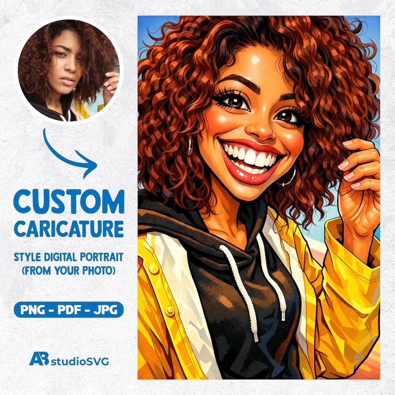 May include: A digital illustration of a smiling person with curly brown hair, wearing a black hoodie under a yellow jacket. The image includes the text "CUSTOM CARICATURE STYLE DIGITAL PORTRAIT (FROM YOUR PHOTO) PNG - PDF - JPG".