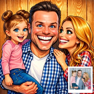 May include: A digital illustration of a family of three, smiling broadly. The father, wearing a blue and white checkered shirt, holds a young girl in a pink shirt and jeans. The mother, with blonde hair, smiles next to them. A smaller image is in the corner.