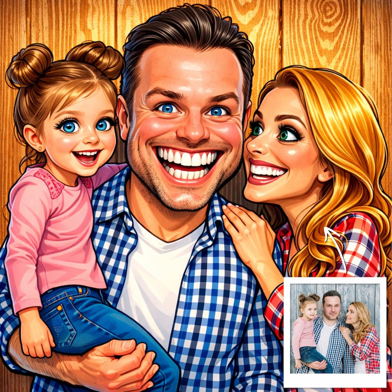 May include: A digital illustration of a family of three, smiling broadly. The father, wearing a blue and white checkered shirt, holds a young girl in a pink shirt and jeans. The mother, with blonde hair, smiles next to them. A smaller image is in the corner.
