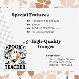 May include: A digital graphic featuring a cartoon ghost holding a pencil, with the words "SPOOKY TEACHER" in a web design. The image includes text about the file's features, such as a transparent background and commercial use.