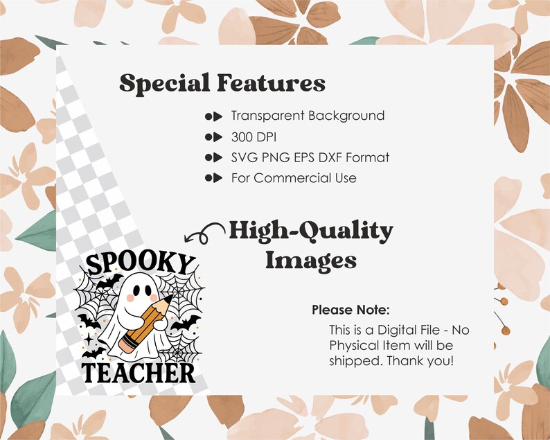 May include: A digital graphic featuring a cartoon ghost holding a pencil, with the words "SPOOKY TEACHER" in a web design. The image includes text about the file's features, such as a transparent background and commercial use.