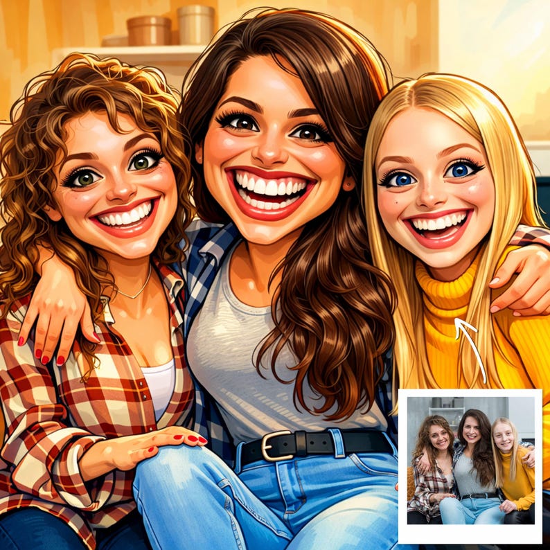 May include: An illustration of three smiling women, each with exaggerated features. They are embracing and wearing casual clothing, including plaid shirts, a gray shirt, and a yellow sweater. The image has a cartoonish style with bright colors.