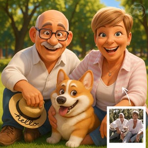May include: A digital illustration of a smiling elderly couple with a corgi dog in a park setting. The man wears glasses and holds a hat with "hello" written on it. The woman wears a pink striped shirt. A smaller image is in the corner.