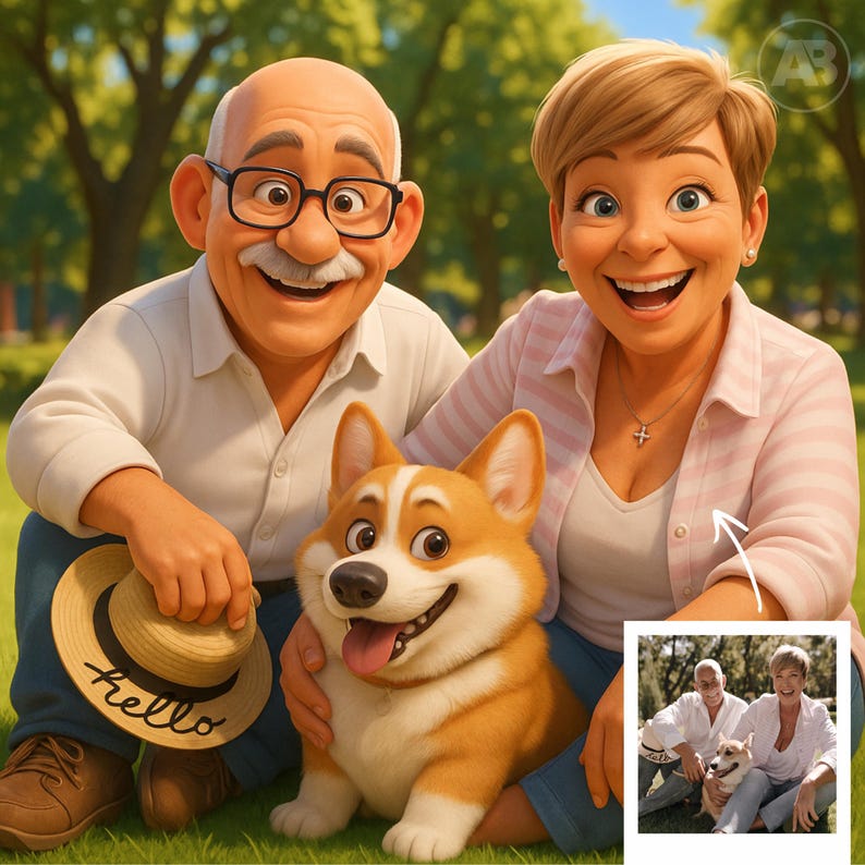 May include: A digital illustration of a smiling elderly couple with a corgi dog in a park setting. The man wears glasses and holds a hat with "hello" written on it. The woman wears a pink striped shirt. A smaller image is in the corner.
