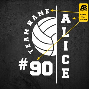 May include: A white volleyball graphic with the text "TEAM NAME" in a circle around it. The text "ALICE" is on the right side of the volleyball. The number "90" is below the volleyball. The text "AB STUDIO SVG Custom Font Included" is in the upper right corner of the image.