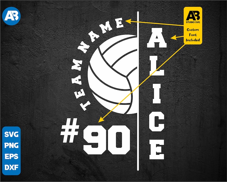 May include: A white volleyball graphic with the text "TEAM NAME" in a circle around it. The text "ALICE" is on the right side of the volleyball. The number "90" is below the volleyball. The text "AB STUDIO SVG Custom Font Included" is in the upper right corner of the image.