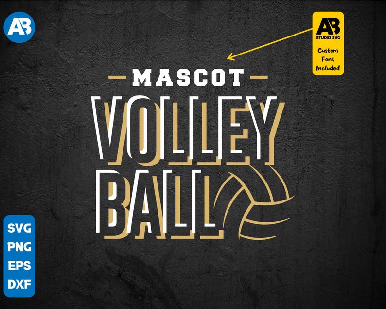 May include: A gold and white graphic design with the text "MASCOT - VOLLEY BALL" and a volleyball graphic. The design is on a black background.