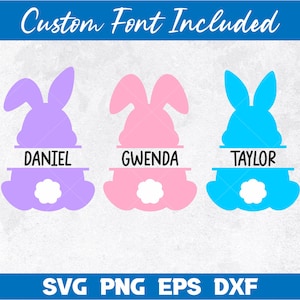 May include: Three Easter bunny silhouettes with customizable name spaces. The bunnies are purple, pink, and blue. The names "Daniel", "Gwenda", and "Taylor" are displayed in the name spaces.
