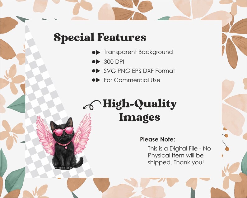 May include: Digital download of a black cat with pink angel wings wearing sunglasses. The image has a transparent background and is 300 DPI. The file format is SVG, PNG, EPS, and DXF. The image is for commercial use. The text "High-Quality Images" is also included in the image.
