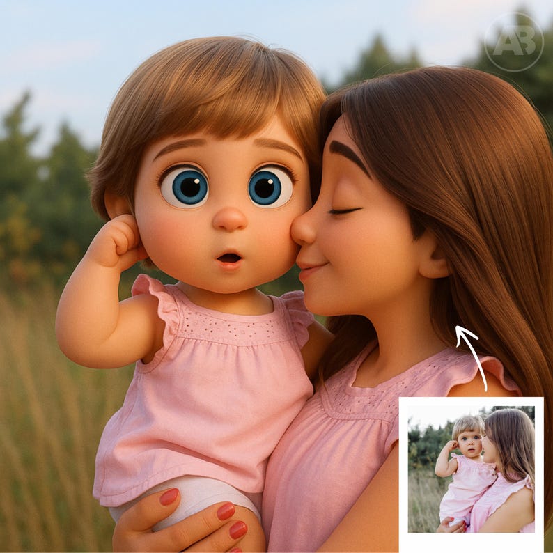 May include: A digital illustration of a mother and child. The child, with large blue eyes and light brown hair, is held by the mother, who is kissing the child's cheek. Both are wearing pink tops. A smaller image of the pair is in the bottom right corner.