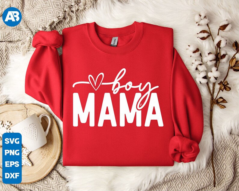 May include: Red sweatshirt with white text that says "boy mama" with a small heart above the word "boy".